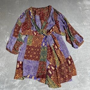 Zara Dress Womens Small Patchwork Printed Faux Wrap Semi Sheer Boho Hippie